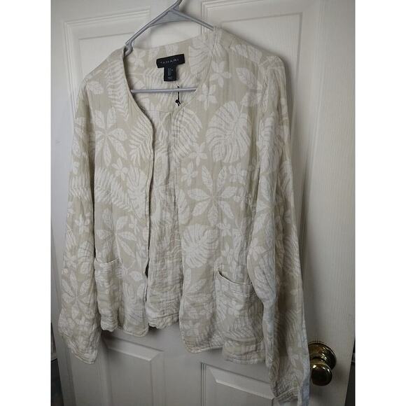 Tahari Linen Blend White Brown Open Long Sleeve Leaf Print Pocket Blazer Size L - Picture 2 of 9